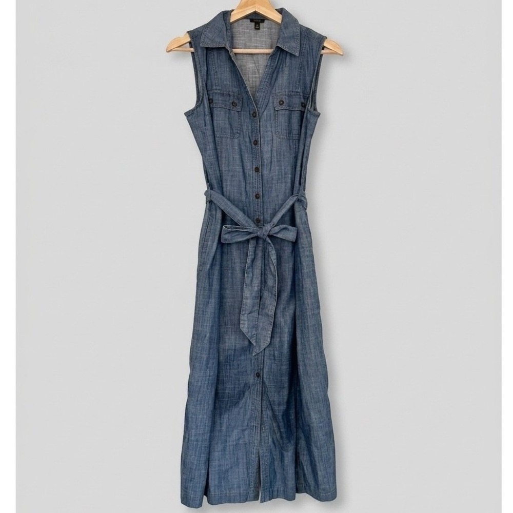 Talbots Womens Blue Cotton Chambray Sleeveless Button Front Shirt Dress Size 4